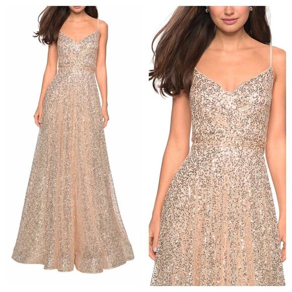 NEW La Femme Size 14 Style 27747 A-Line Sequined A-line Maxi Dress Gown in Gold - Picture 1 of 12